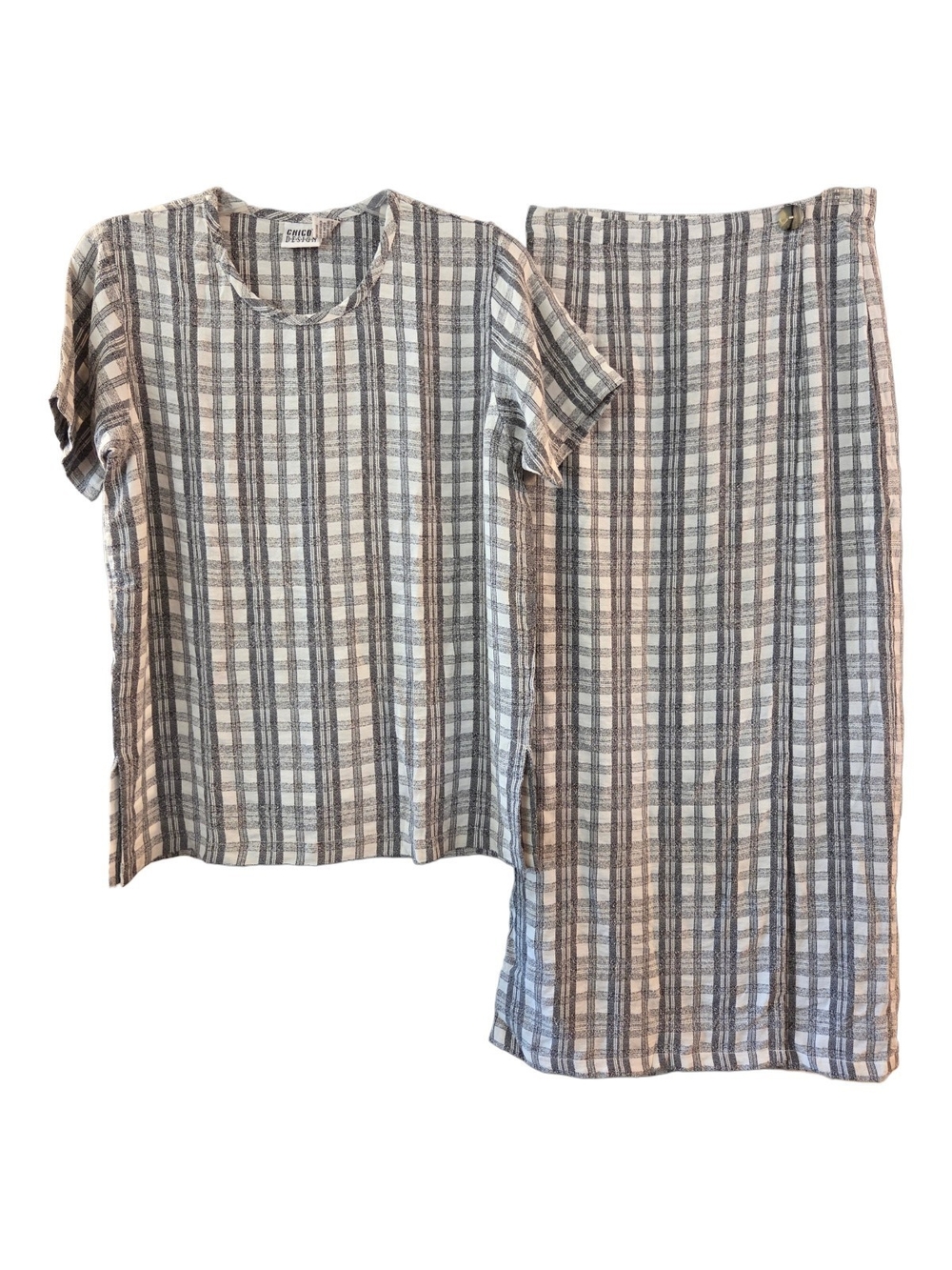 Vintage Chico's Plaid 2-Piece Top Skirt Set Gray Cream Knit - Size 0/1 (US 4/8)*